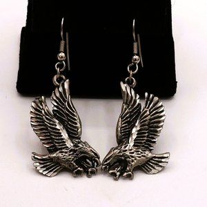Vintage Flying Hunting Eagles Silver or Alloy Drop Earrings Signed